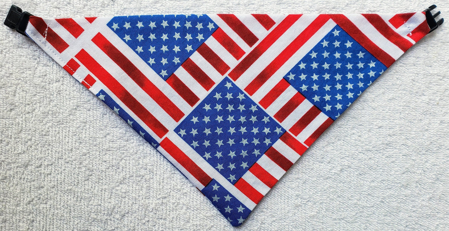 Clip on Dog Bandana With Buckle Pet Cat Bandanna Scarf Red White & Blue Patriotic USA Flags Americana Handmade to Order