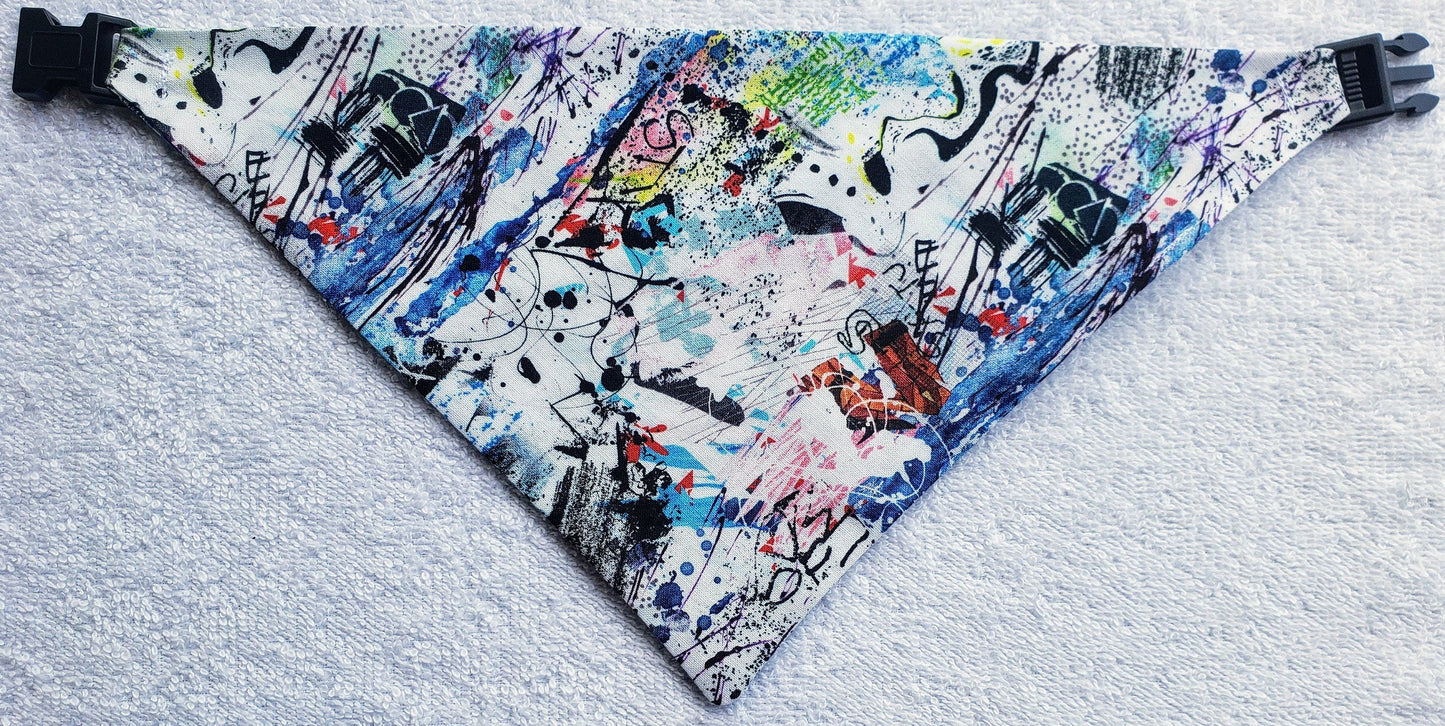 Clip on Dog Bandana With Buckle Pet Cat Bandanna Scarf Graffiti Paint Splatters Artistic Abstract Art Funky Handmade to Order