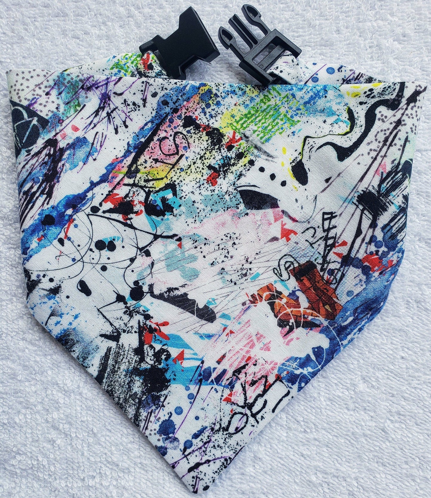 Clip on Dog Bandana With Buckle Pet Cat Bandanna Scarf Graffiti Paint Splatters Artistic Abstract Art Funky Handmade to Order