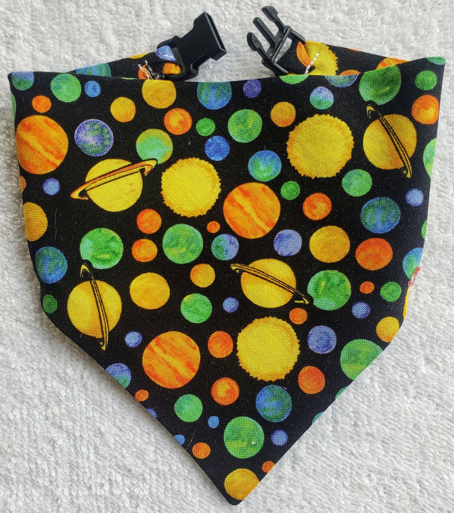 Clip on Dog Bandana With Buckle Pet Cat Bandanna Scarf Solar System Deep Outer Space Sun Planets Science Stars Handmade to Order