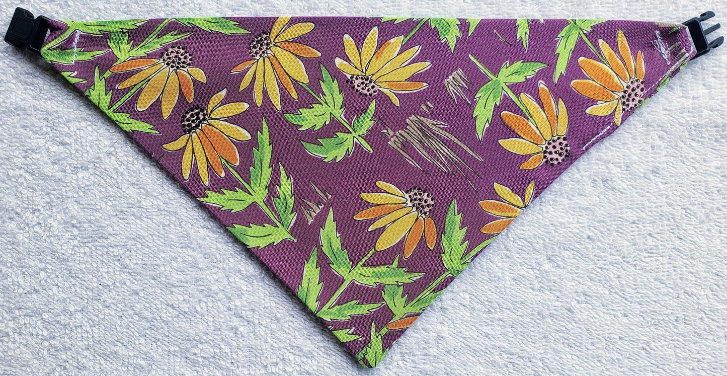 Clip on Dog Bandana With Buckle Pet Cat Bandanna Scarf Purple Orange Floral Flower Coneflower Wildflower Handmade to Order