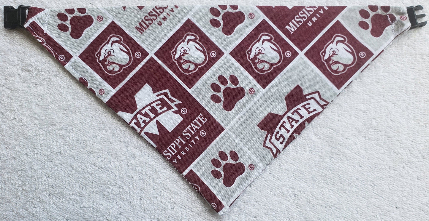 Clip on Dog Bandana With Buckle Pet Cat Bandanna Scarf MISSISSIPPI STATE University BULLDOGS ncaa msu Handmade to Order