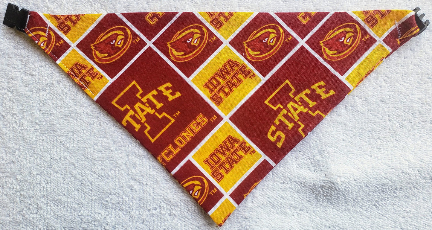 Clip on Dog Bandana With Buckle Pet Cat Bandanna Scarf IOWA STATE University CYCLONES ncaa isu Handmade to Order