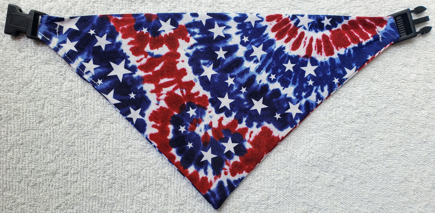 Clip on Dog Bandana With Buckle Pet Cat Bandanna Scarf Red White & Blue Patriotic Tie Dye Stars Americana Handmade to Order
