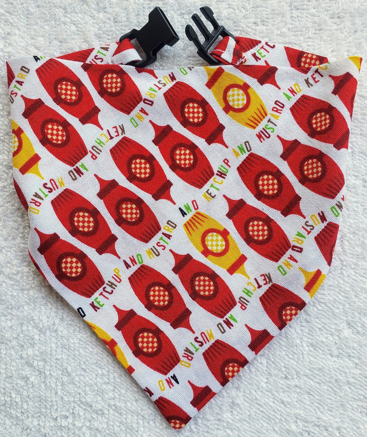 Clip on Dog Bandana With Buckle Pet Cat Bandanna Scarf Mustard Ketchup Hotdogs Hamburgers Grilling BBQ Picnic Handmade to Order