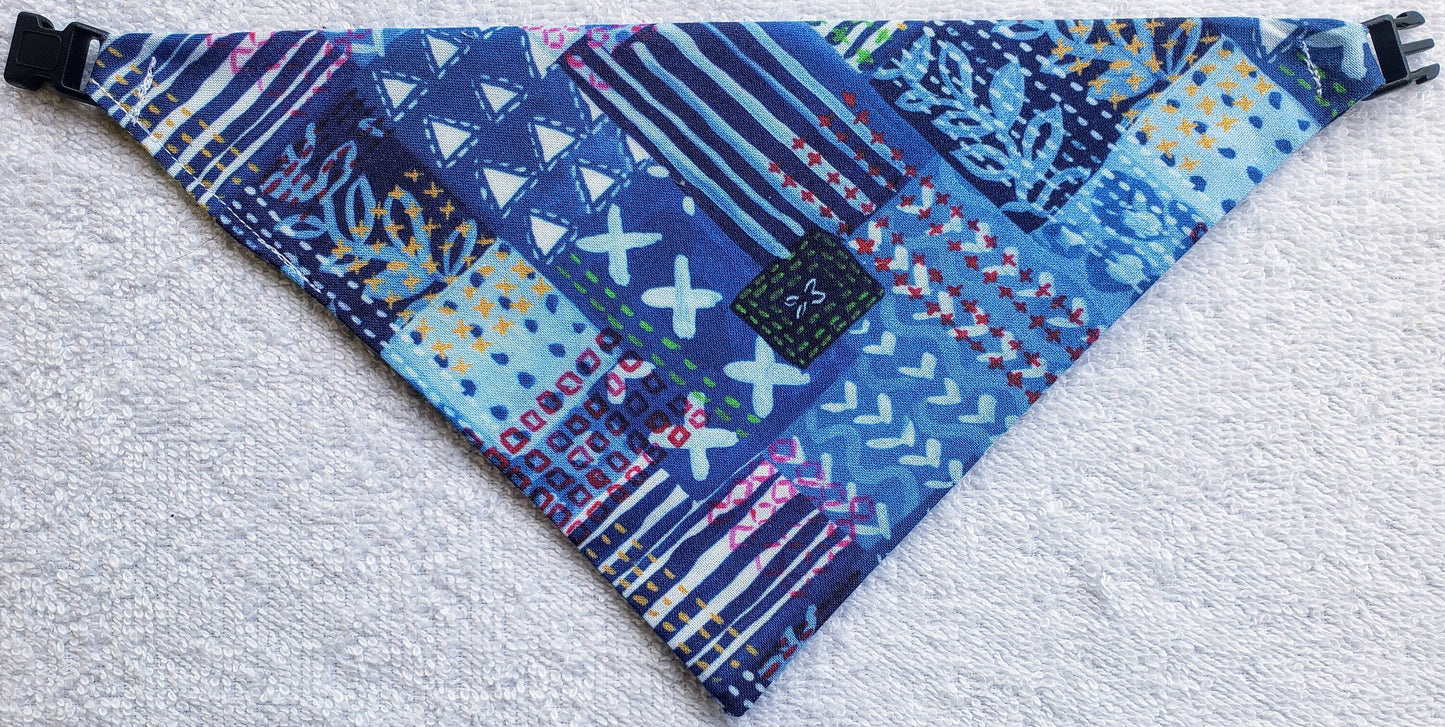 Clip on Dog Bandana With Buckle Pet Cat Bandanna Scarf Purple Blue Patchwork Crazy Fun Summer Doodles Bandana Handmade to Order