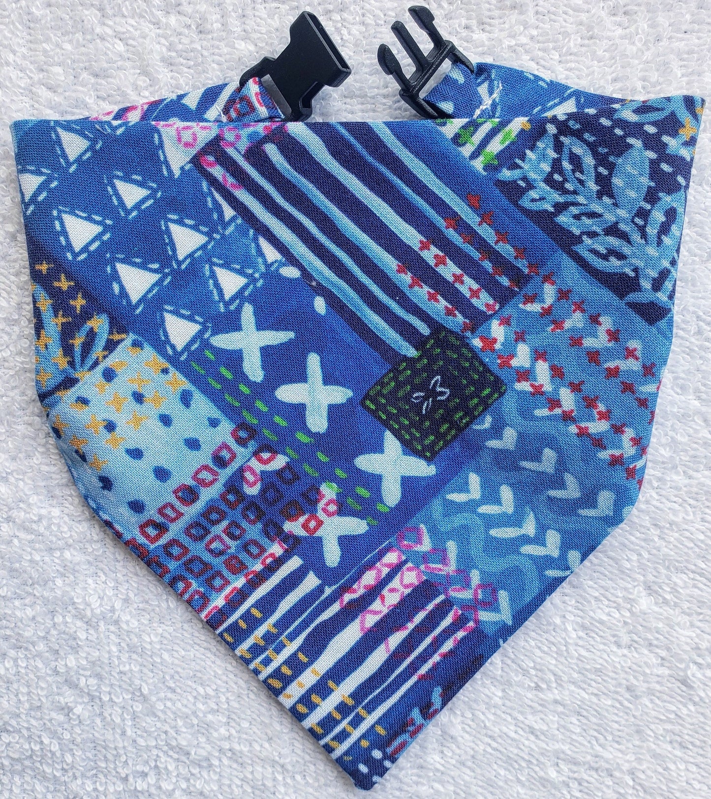 Clip on Dog Bandana With Buckle Pet Cat Bandanna Scarf Purple Blue Patchwork Crazy Fun Summer Doodles Bandana Handmade to Order