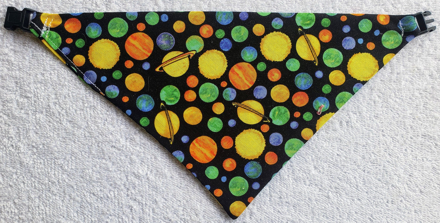 Clip on Dog Bandana With Buckle Pet Cat Bandanna Scarf Solar System Deep Outer Space Sun Planets Science Stars Handmade to Order
