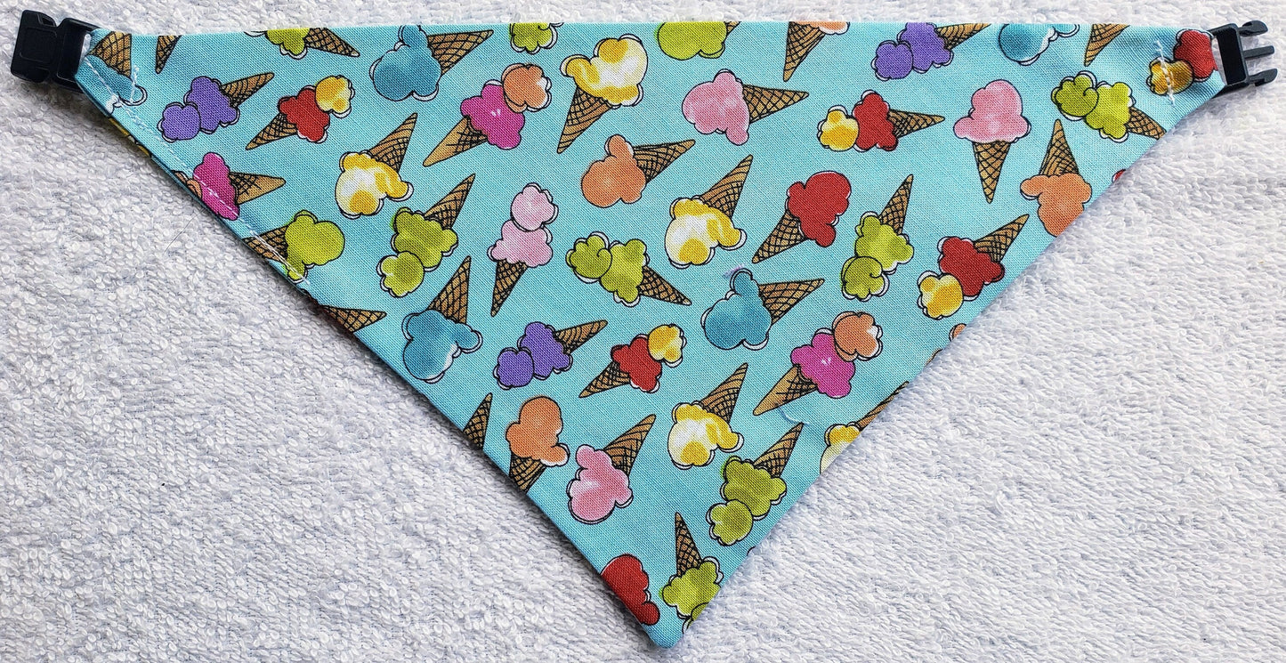 Clip on Dog Bandana With Buckle Pet Cat Bandanna Scarf Ice Cream Cones Summer Frozen Treat Bandana Handmade to Order