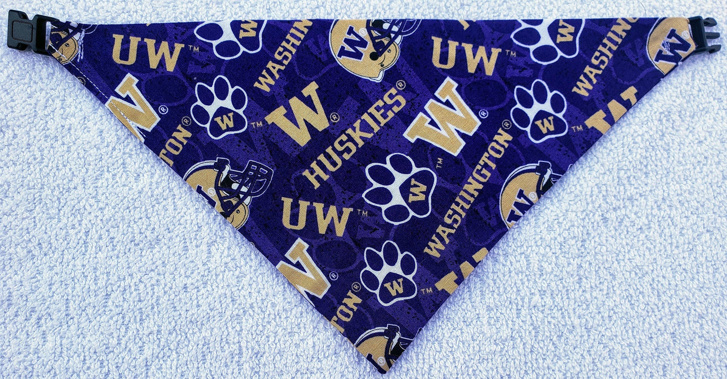 Clip on Dog Bandana With Buckle Pet Cat Bandanna Scarf University of WASHINGTON HUSKIES ncaa uw Handmade to Order