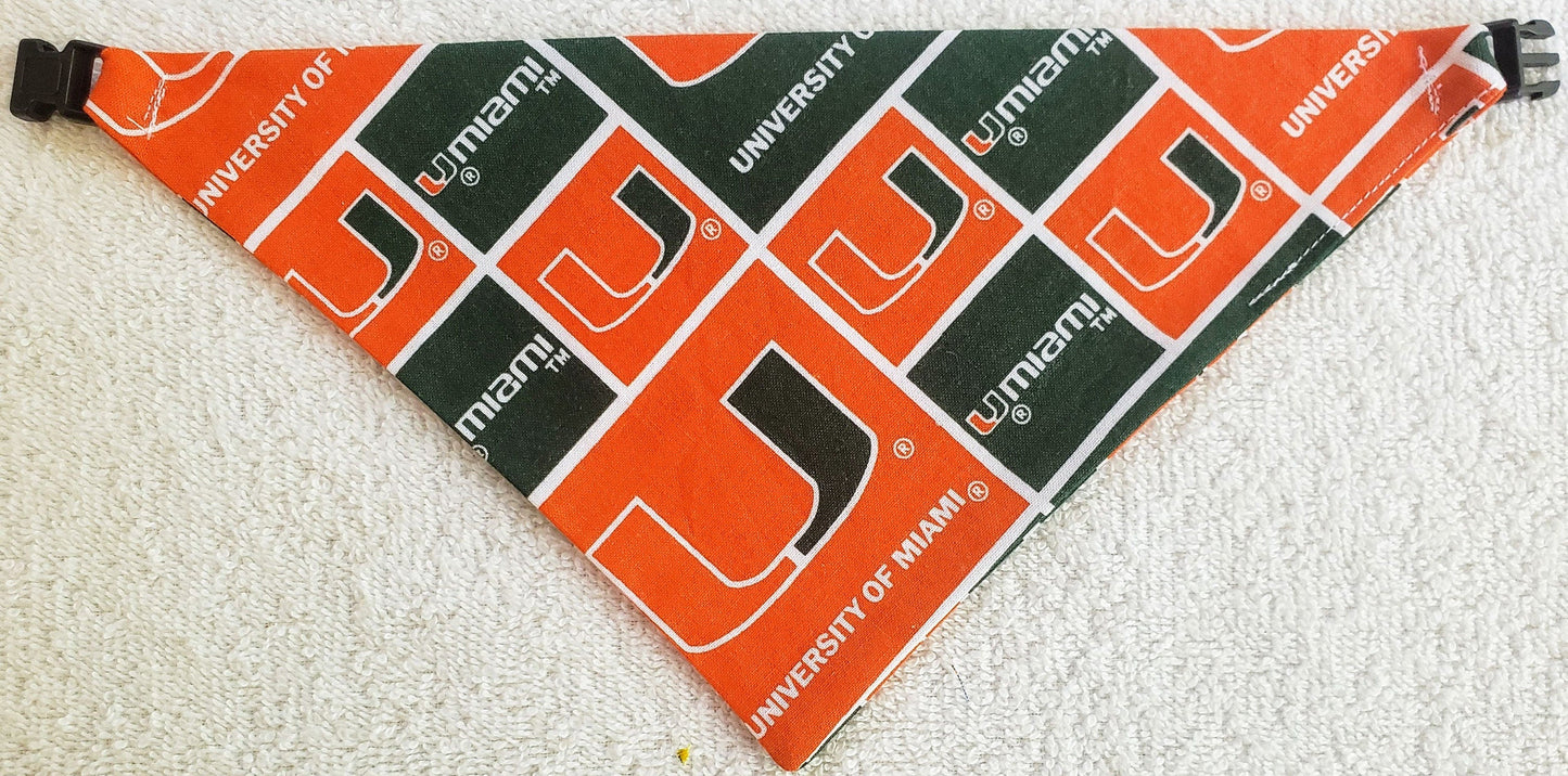 Clip on Dog Bandana With Buckle Pet Cat Bandanna Scarf University of MIAMI HURRICANES ncaa um Handmade to Order