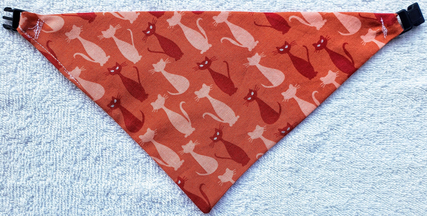 Clip on Dog Bandana With Buckle Pet Cat Bandanna Scarf Orange Mid Century Mod Cat Silhouettes Astro Handmade to Order