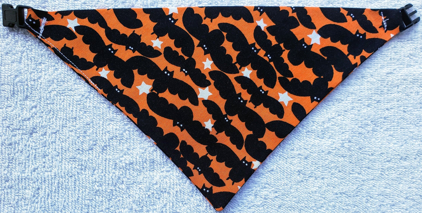 Clip on Dog Bandana With Buckle Pet Cat Bandanna Scarf Orange & Black Bats Fall Autumn Halloween Handmade to Order