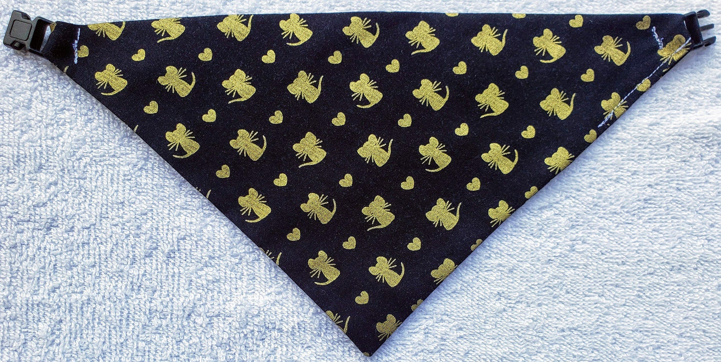 Clip on Dog Bandana With Buckle Cat Pet Dog Bandanna Scarf Gold Mice and Hearts Mouse on Black Cattastic Handmade to Order