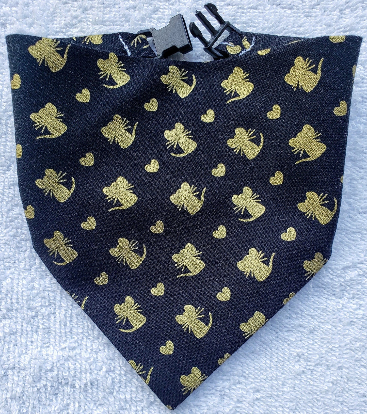 Clip on Dog Bandana With Buckle Cat Pet Dog Bandanna Scarf Gold Mice and Hearts Mouse on Black Cattastic Handmade to Order