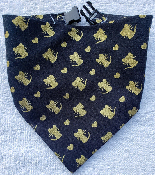 Clip on Dog Bandana With Buckle Cat Pet Dog Bandanna Scarf Gold Mice and Hearts Mouse on Black Cattastic Handmade to Order
