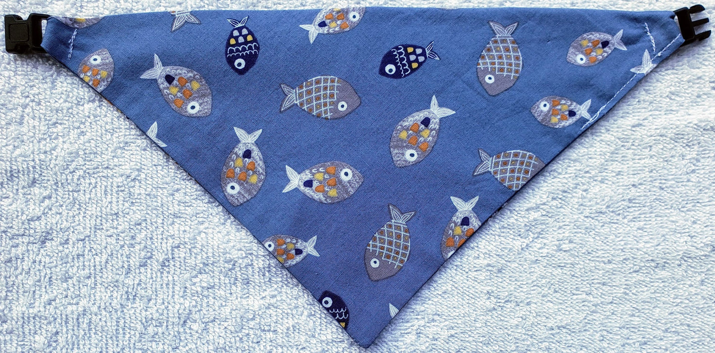 Clip on Dog Bandana With Buckle Pet Cat Bandanna Scarf Swimming Fish on Blue Handmade to Order