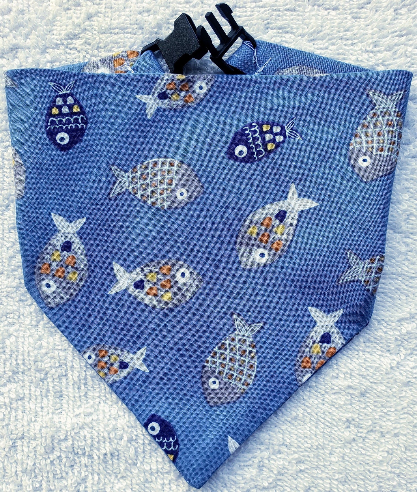 Clip on Dog Bandana With Buckle Pet Cat Bandanna Scarf Swimming Fish on Blue Handmade to Order