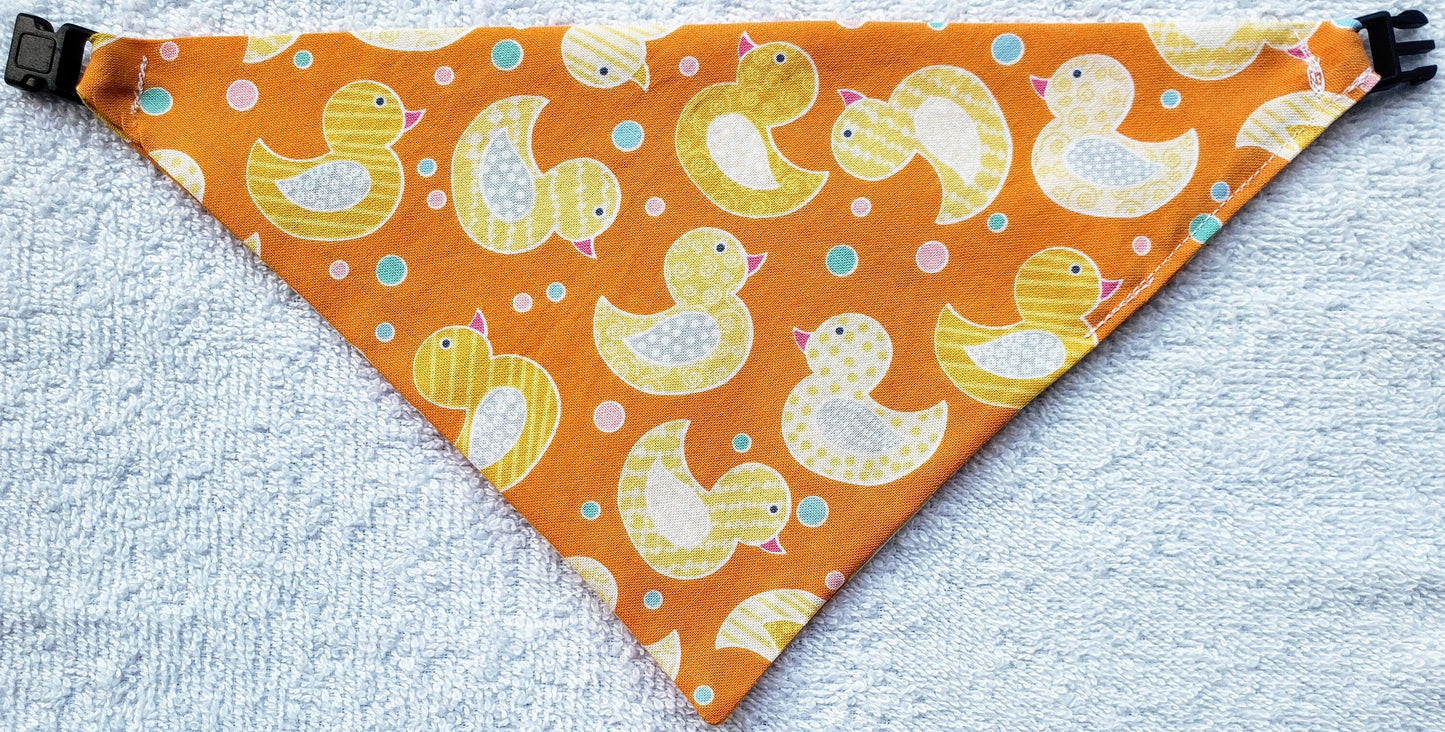 Clip on Dog Bandana With Buckle Pet Cat Bandanna Scarf Rubber Ducks Ducky Bubbles Orange Handmade to Order