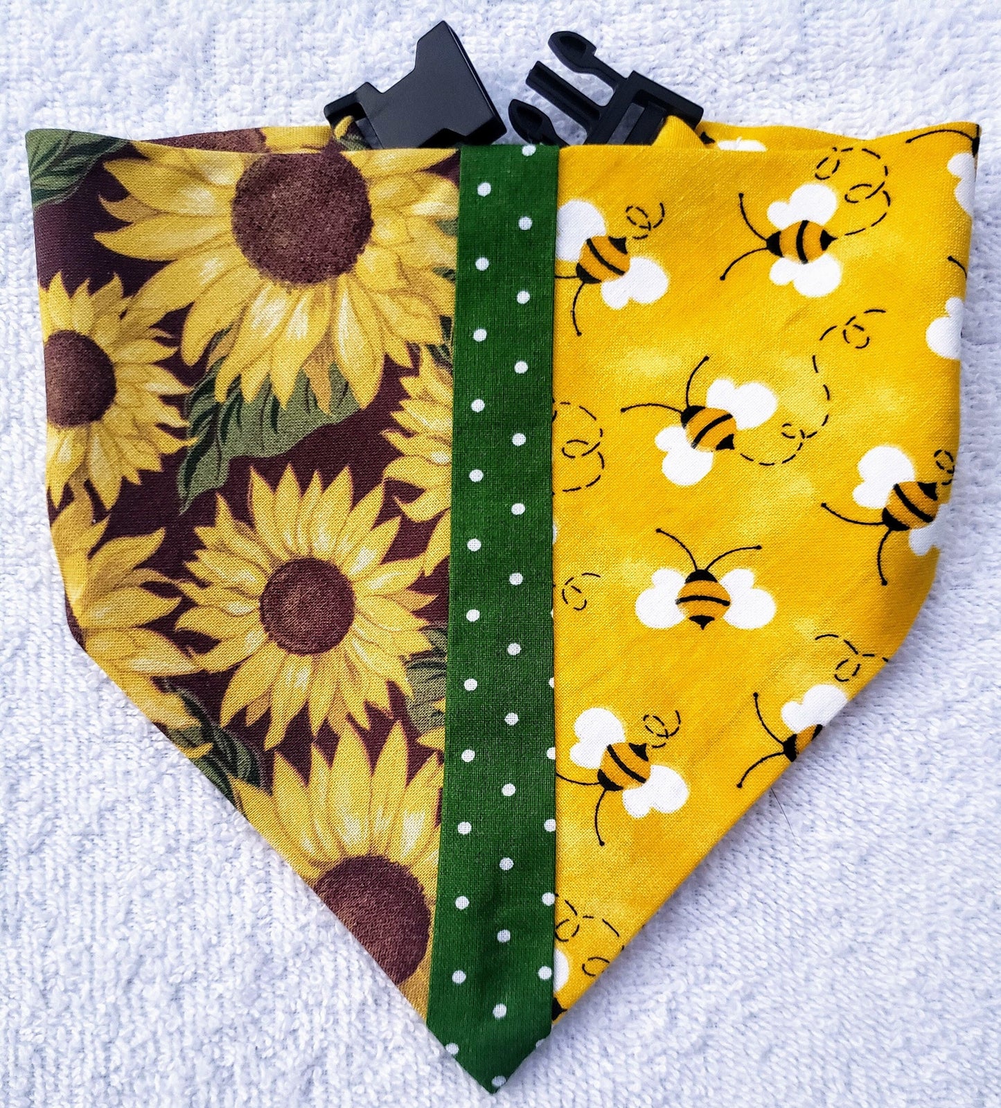 Clip on Dog Bandana With Buckle Pet Cat Bandanna Scarf SUNFLOWERS & BEES Yellow Specialty Exclusive Design Handmade to Order