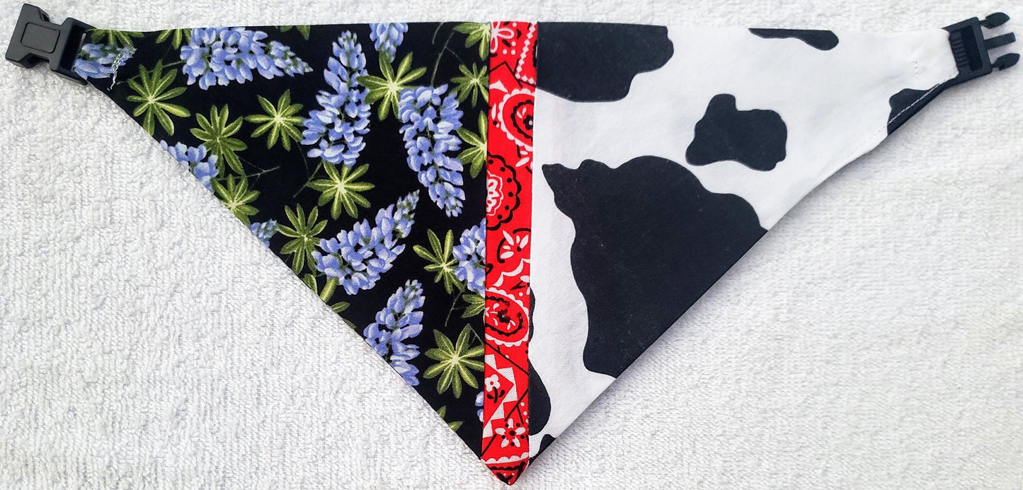 Clip on Dog Bandana With Buckle Pet Cat Bandanna Scarf BLUEBONNETS & COWHIDE Texas Specialty Exclusive Design Handmade to Order