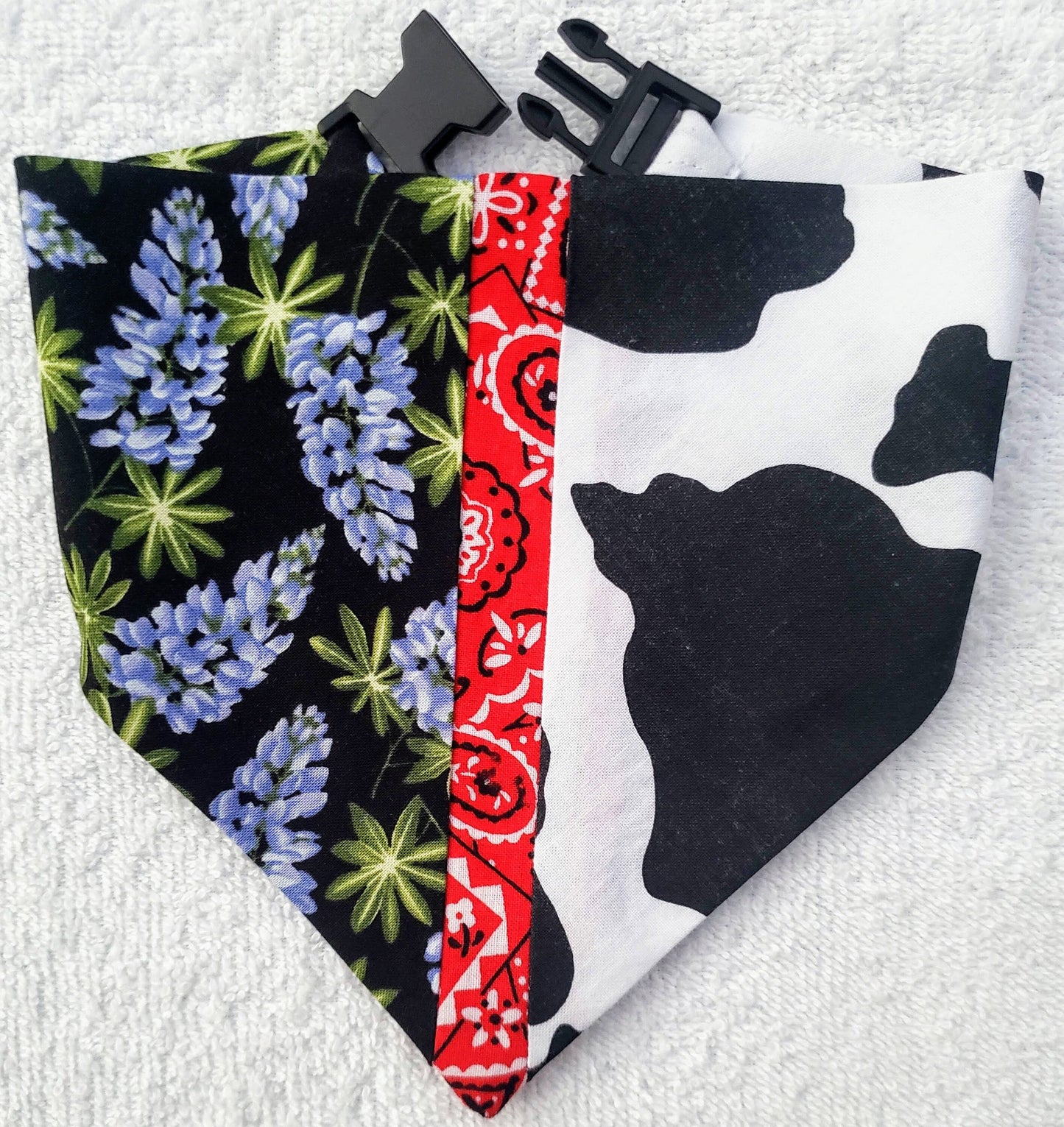 Clip on Dog Bandana With Buckle Pet Cat Bandanna Scarf BLUEBONNETS & COWHIDE Texas Specialty Exclusive Design Handmade to Order