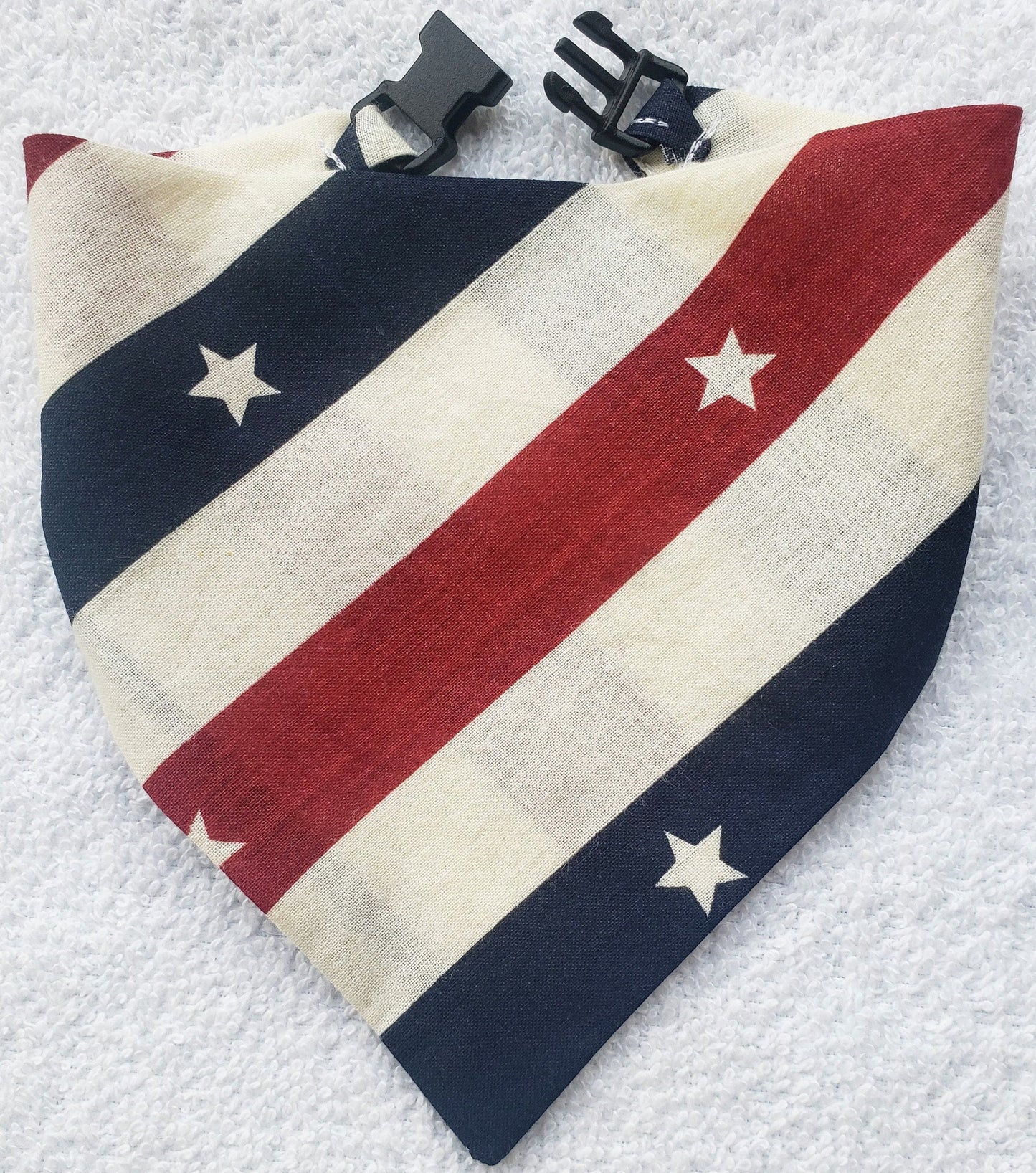 Clip on Dog Bandana With Buckle Pet Cat Bandanna Scarf Vintage Patriotic Red White & Blue Stars and Stripes Handmade to Order