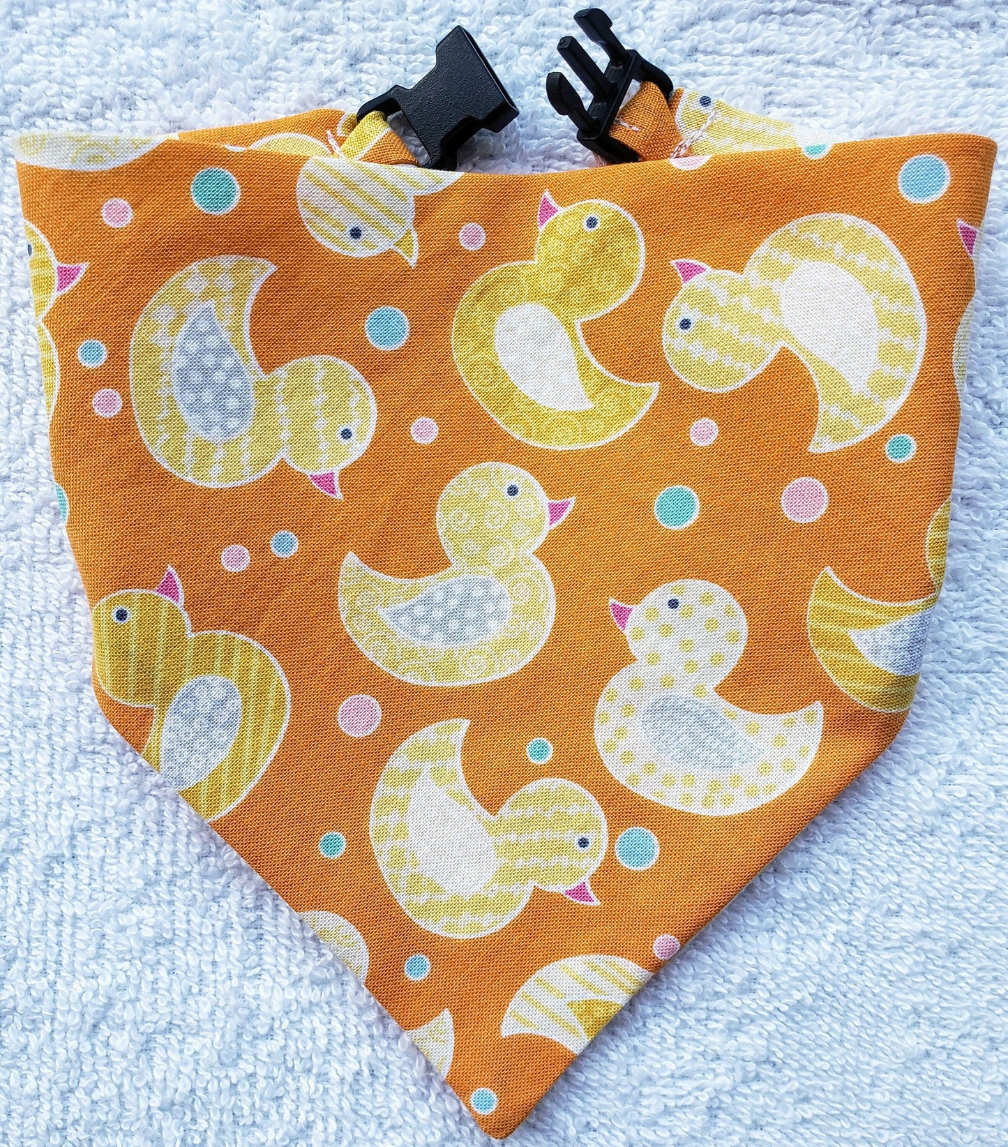 Clip on Dog Bandana With Buckle Pet Cat Bandanna Scarf Rubber Ducks Ducky Bubbles Orange Handmade to Order