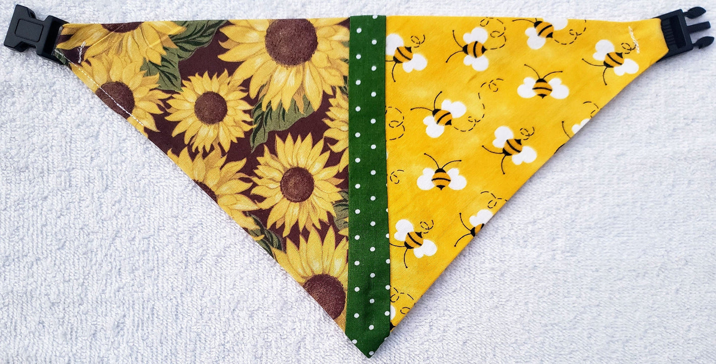 Clip on Dog Bandana With Buckle Pet Cat Bandanna Scarf SUNFLOWERS & BEES Yellow Specialty Exclusive Design Handmade to Order