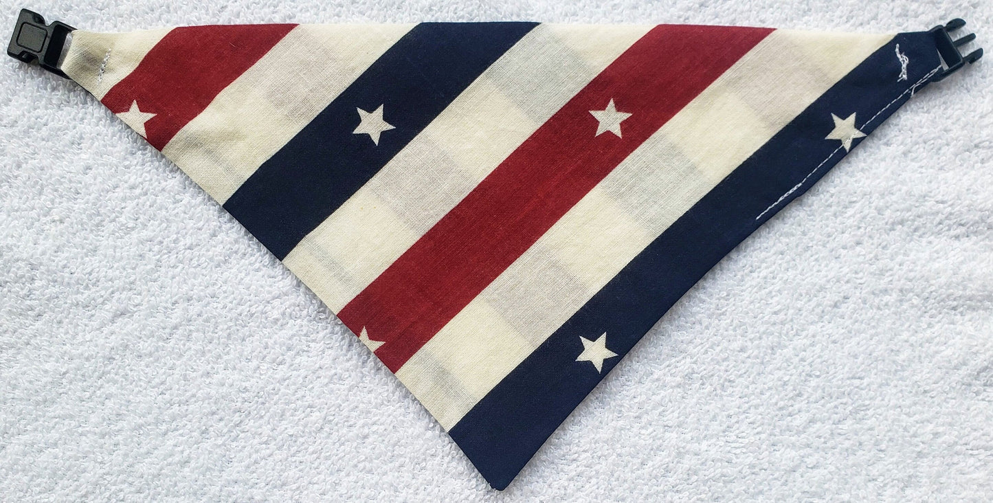 Clip on Dog Bandana With Buckle Pet Cat Bandanna Scarf Vintage Patriotic Red White & Blue Stars and Stripes Handmade to Order