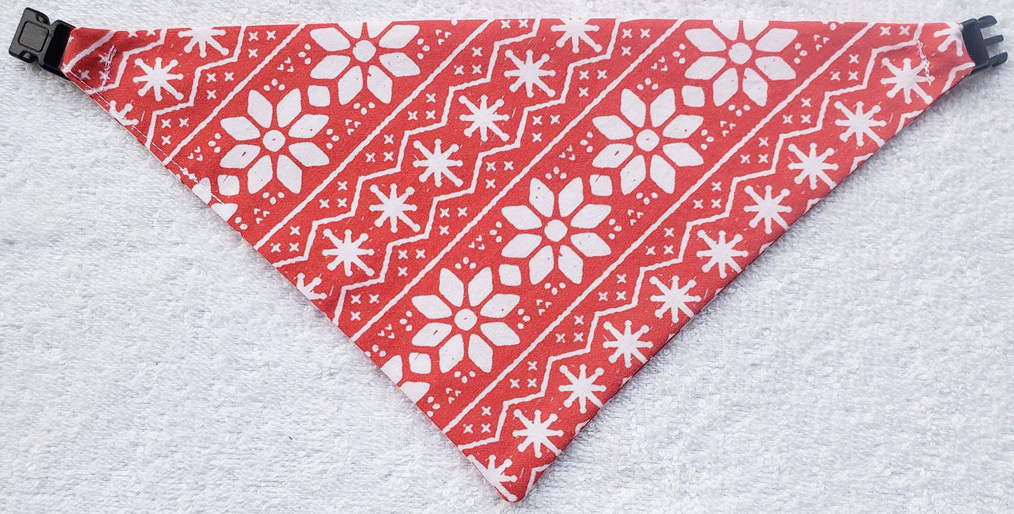 Clip on Dog Bandana With Buckle Pet Cat Bandanna Scarf Red & White Scandinavian Snowflake Sweater Pattern Handmade to Order