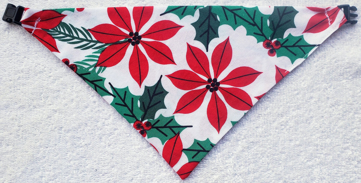 Poinsettia Floral Christmas Winter Clip on Dog Bandana With Buckle Pet Cat Bandanna Handmade to Order