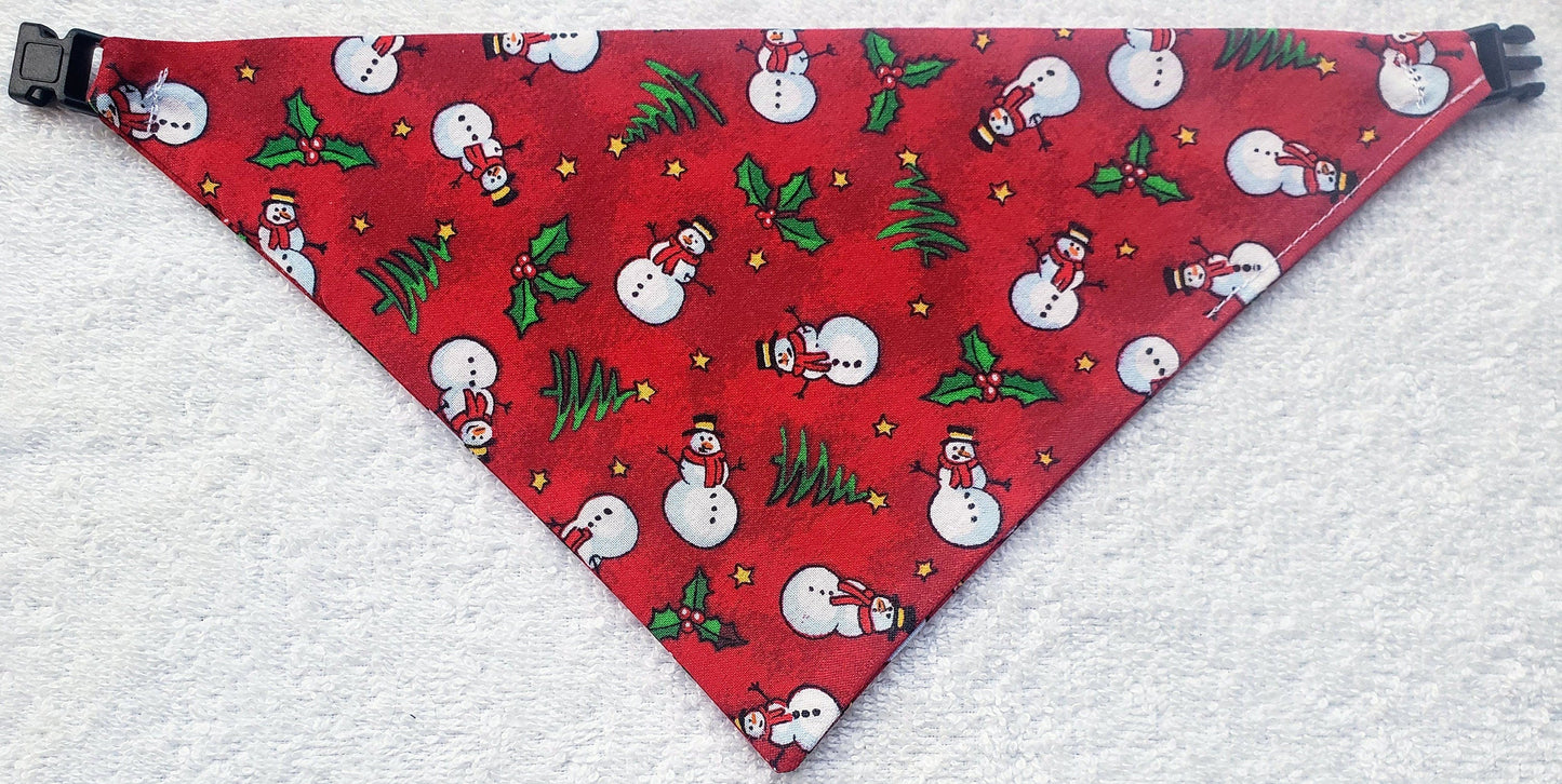 Snowman & Christmas Trees Winter Print Clip on Dog Bandana With Buckle Pet Cat Bandanna Handmade to Order