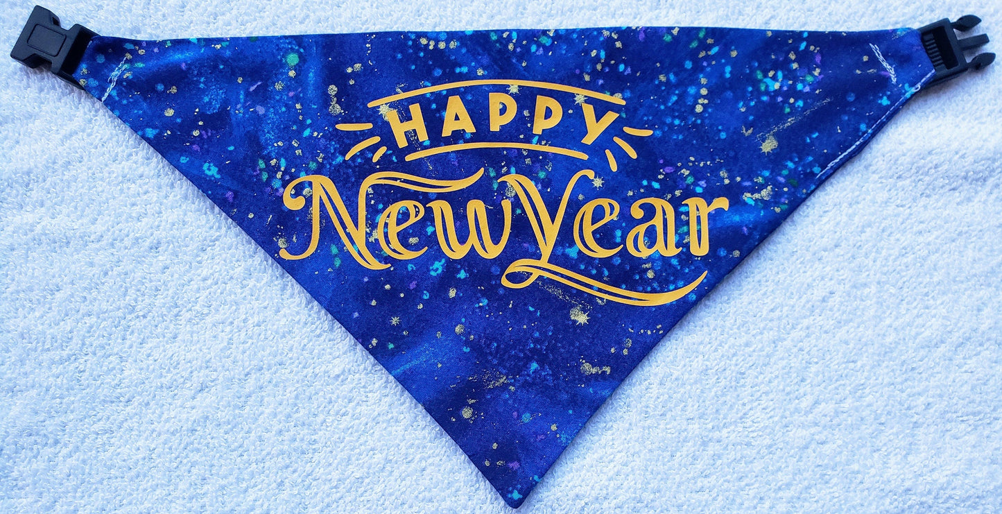 Clip on Dog Bandana With Buckle Pet Cat Bandanna Scarf Happy New Year Yellow Vinyl on Blue Confetti Paint Splatter Print Handmade to Order