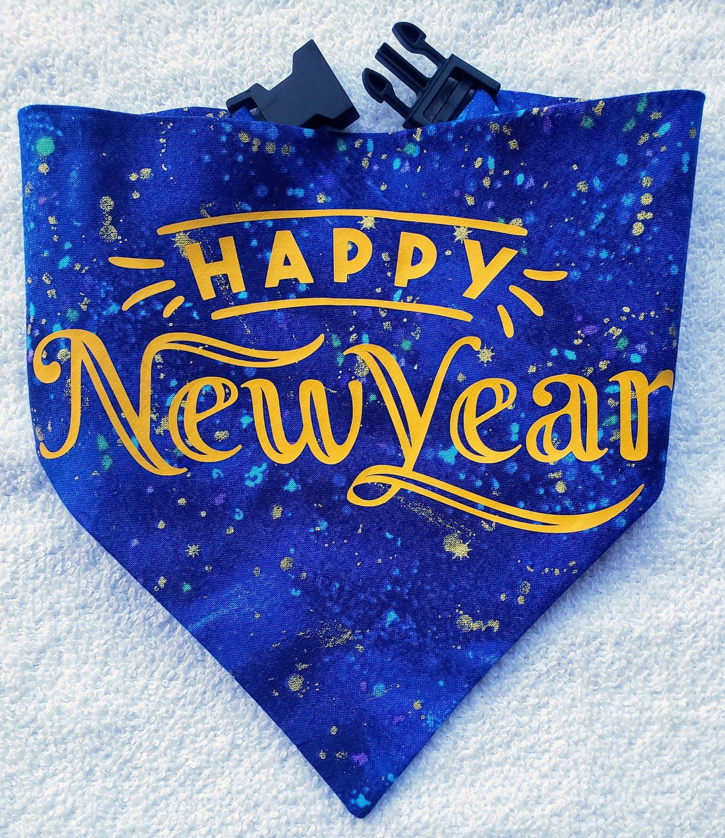 Clip on Dog Bandana With Buckle Pet Cat Bandanna Scarf Happy New Year Yellow Vinyl on Blue Confetti Paint Splatter Print Handmade to Order