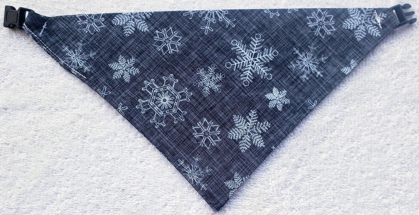Gray Snowflake Winter Christmas Holiday Clip on Dog Bandana With Buckle Pet Cat Bandanna Handmade to Order