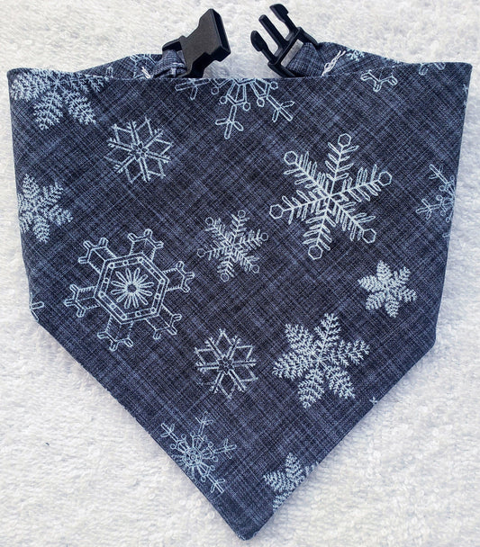 Gray Snowflake Winter Christmas Holiday Clip on Dog Bandana With Buckle Pet Cat Bandanna Handmade to Order