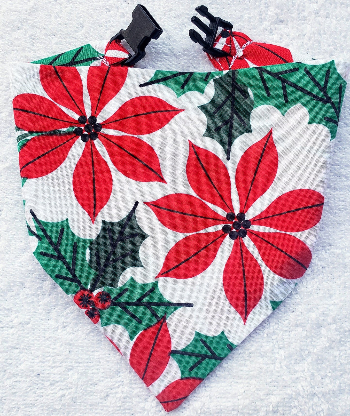 Poinsettia Floral Christmas Winter Clip on Dog Bandana With Buckle Pet Cat Bandanna Handmade to Order