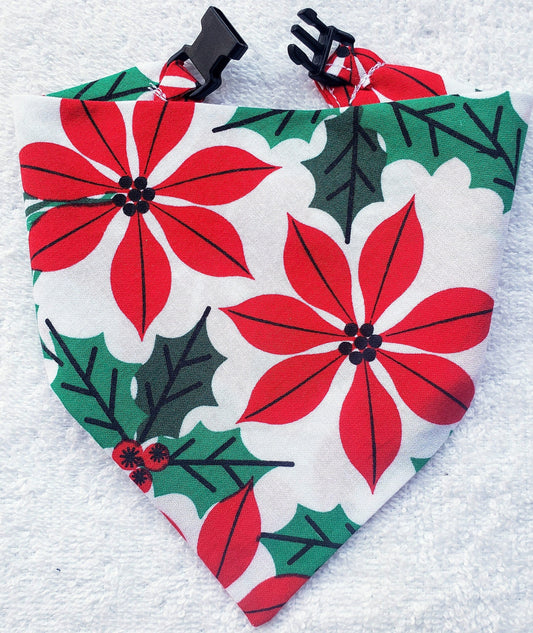 Poinsettia Floral Christmas Winter Clip on Dog Bandana With Buckle Pet Cat Bandanna Handmade to Order