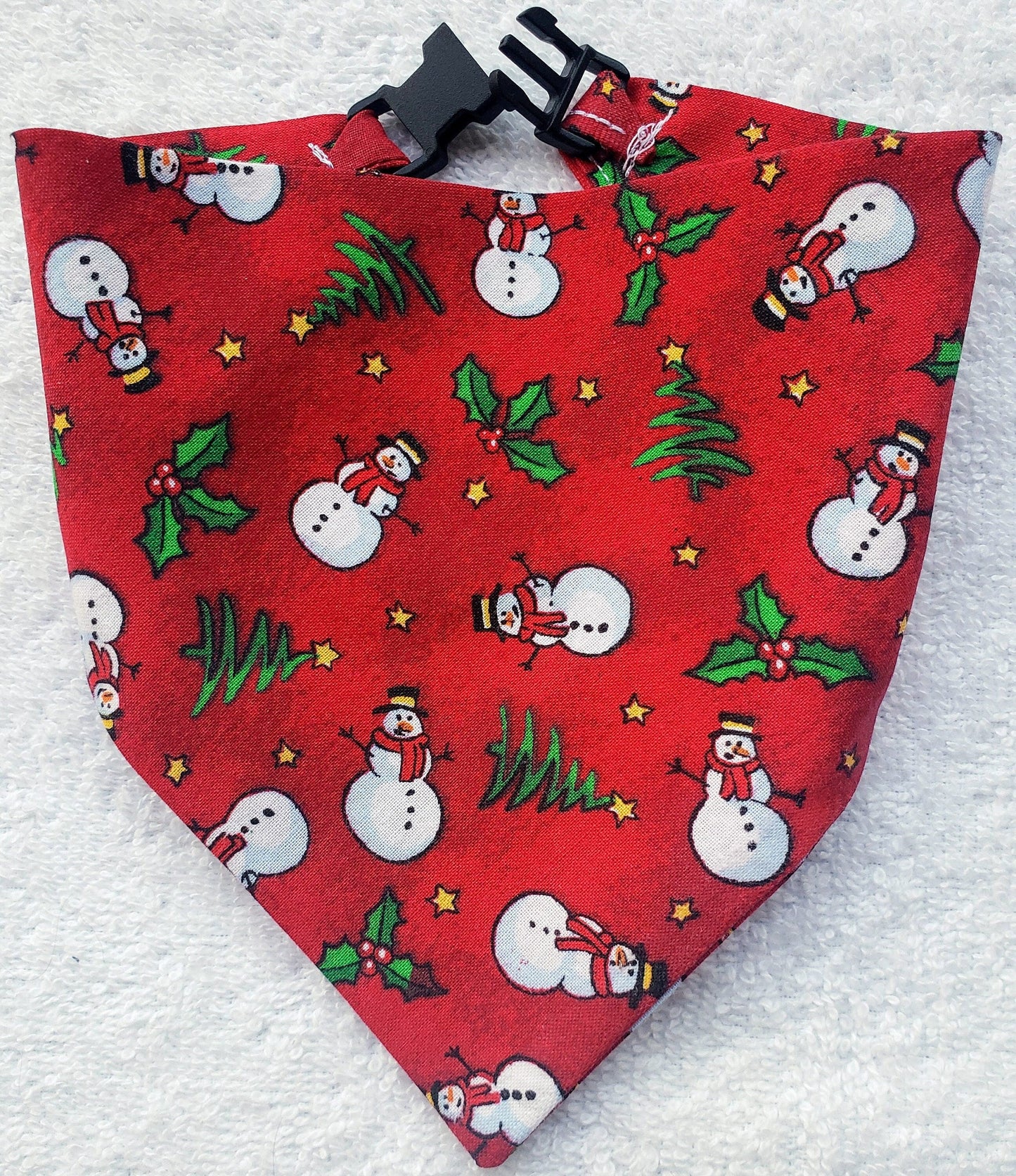 Snowman & Christmas Trees Winter Print Clip on Dog Bandana With Buckle Pet Cat Bandanna Handmade to Order