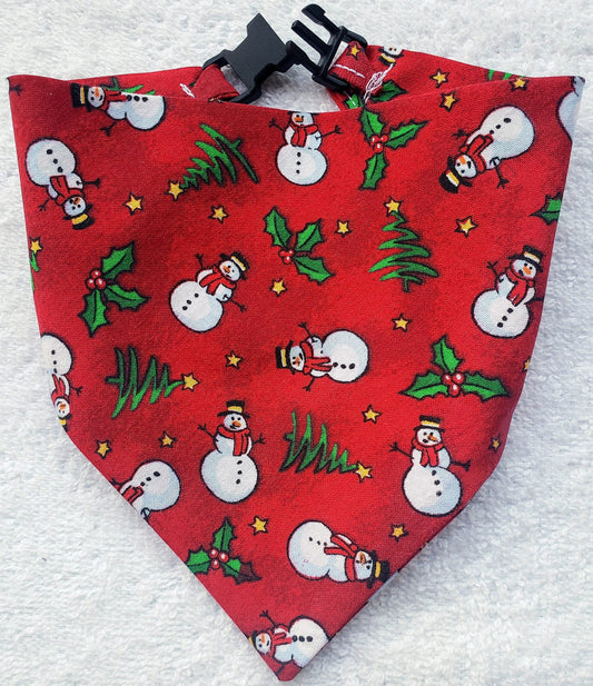 Snowman & Christmas Trees Winter Print Clip on Dog Bandana With Buckle Pet Cat Bandanna Handmade to Order