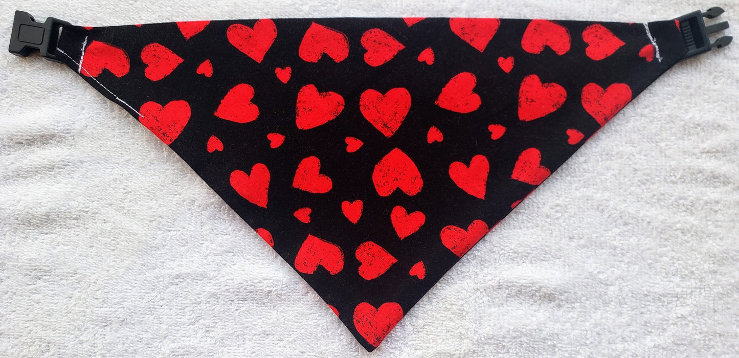 Clip on Dog Bandana With Buckle Pet Cat Bandanna Scarf Red Hearts on Black Valentine's Day Love Handmade to Order