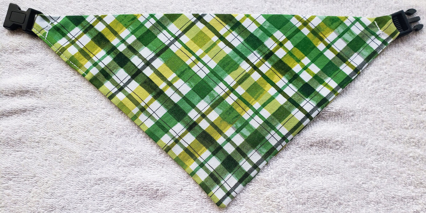 Clip on Dog Bandana With Buckle Pet Cat Bandanna Scarf St. Patrick's Day Lucky Green Plaid Handmade to Order