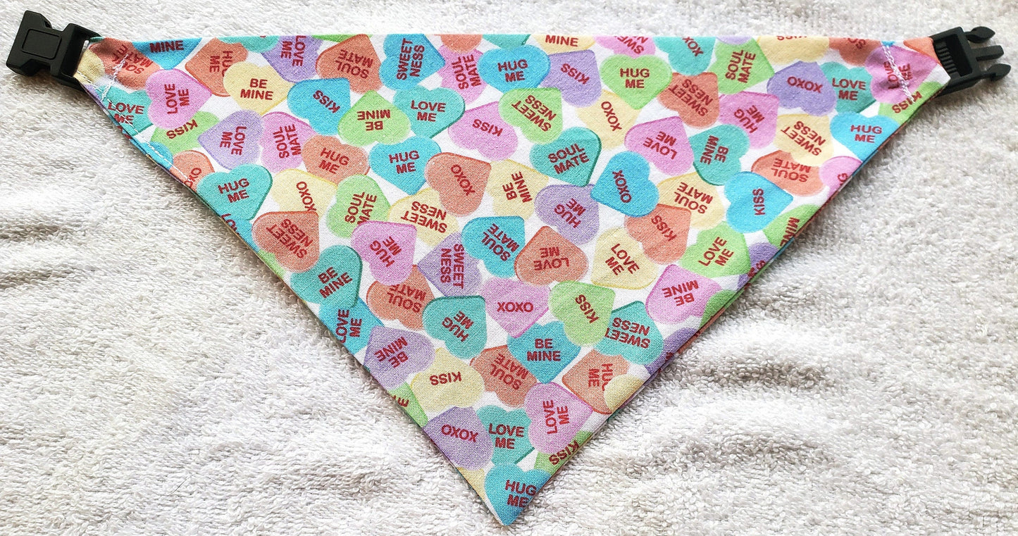 Sweethearts Pastel Candies Valentine's Day Clip on Dog Bandana With Buckle Pet Cat Bandanna Handmade to Order