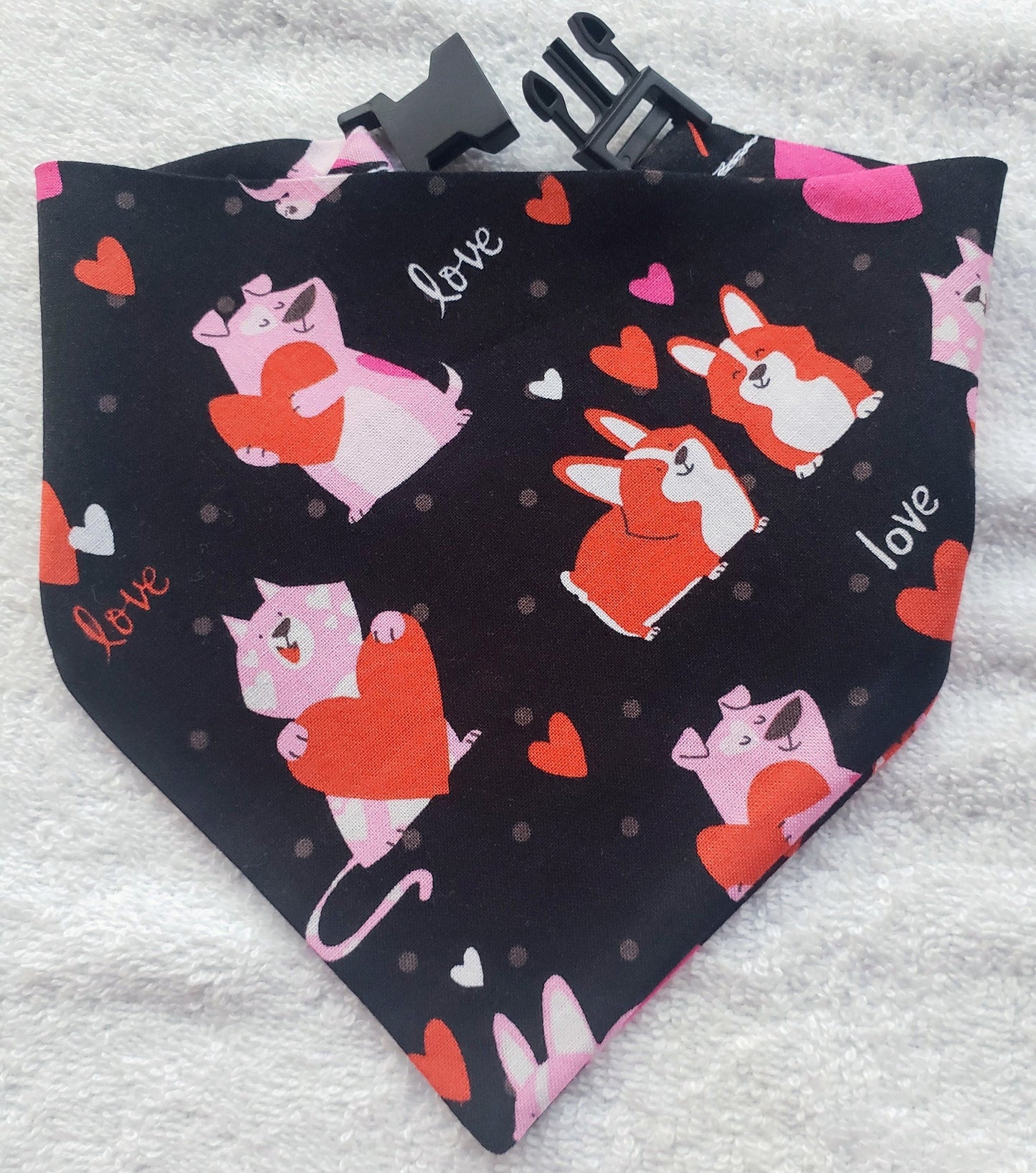 Clip on Dog Bandana With Buckle Pet Cat Bandanna Scarf Valentine's Day Cat & Dog Love Red Hearts on Black Handmade to Order