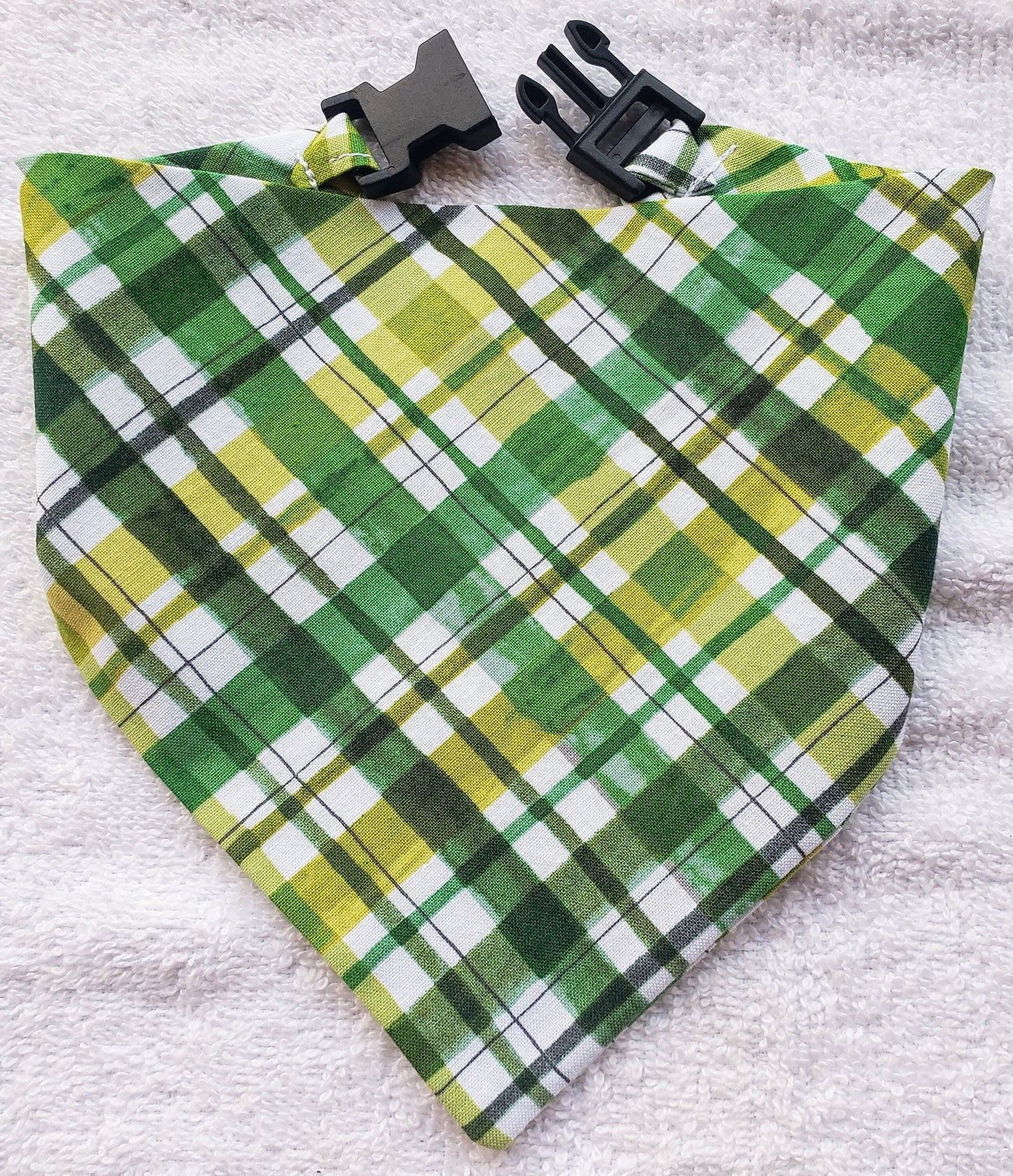 Clip on Dog Bandana With Buckle Pet Cat Bandanna Scarf St. Patrick's Day Lucky Green Plaid Handmade to Order