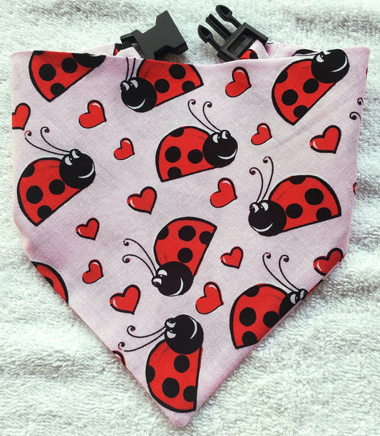 Ladybugs & Hearts on Pink Valentine's Day Love Red Clip on Dog Bandana With Buckle Pet Cat Bandanna Handmade to Order