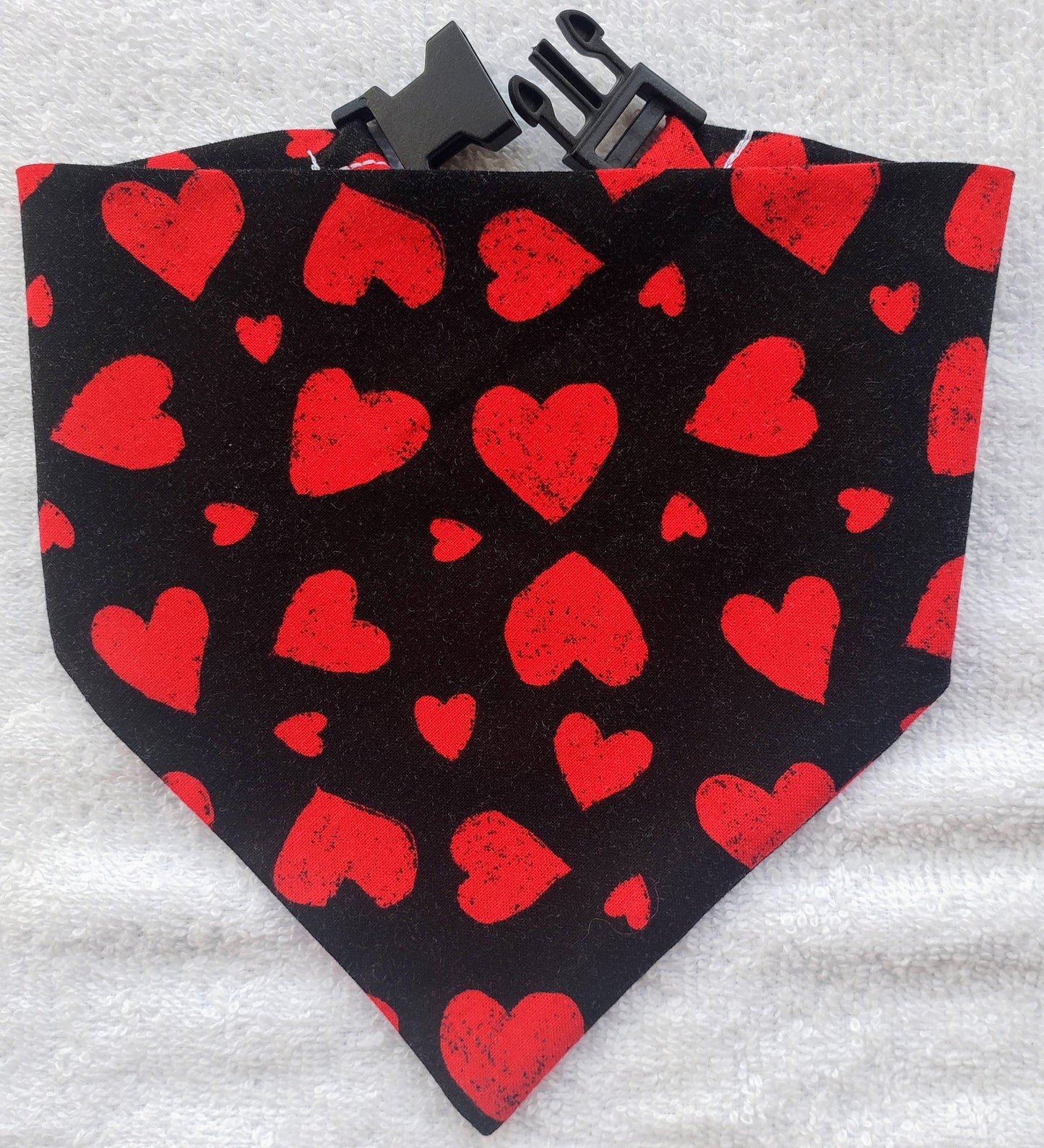 Clip on Dog Bandana With Buckle Pet Cat Bandanna Scarf Red Hearts on Black Valentine's Day Love Handmade to Order