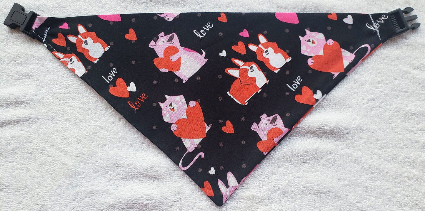 Clip on Dog Bandana With Buckle Pet Cat Bandanna Scarf Valentine's Day Cat & Dog Love Red Hearts on Black Handmade to Order