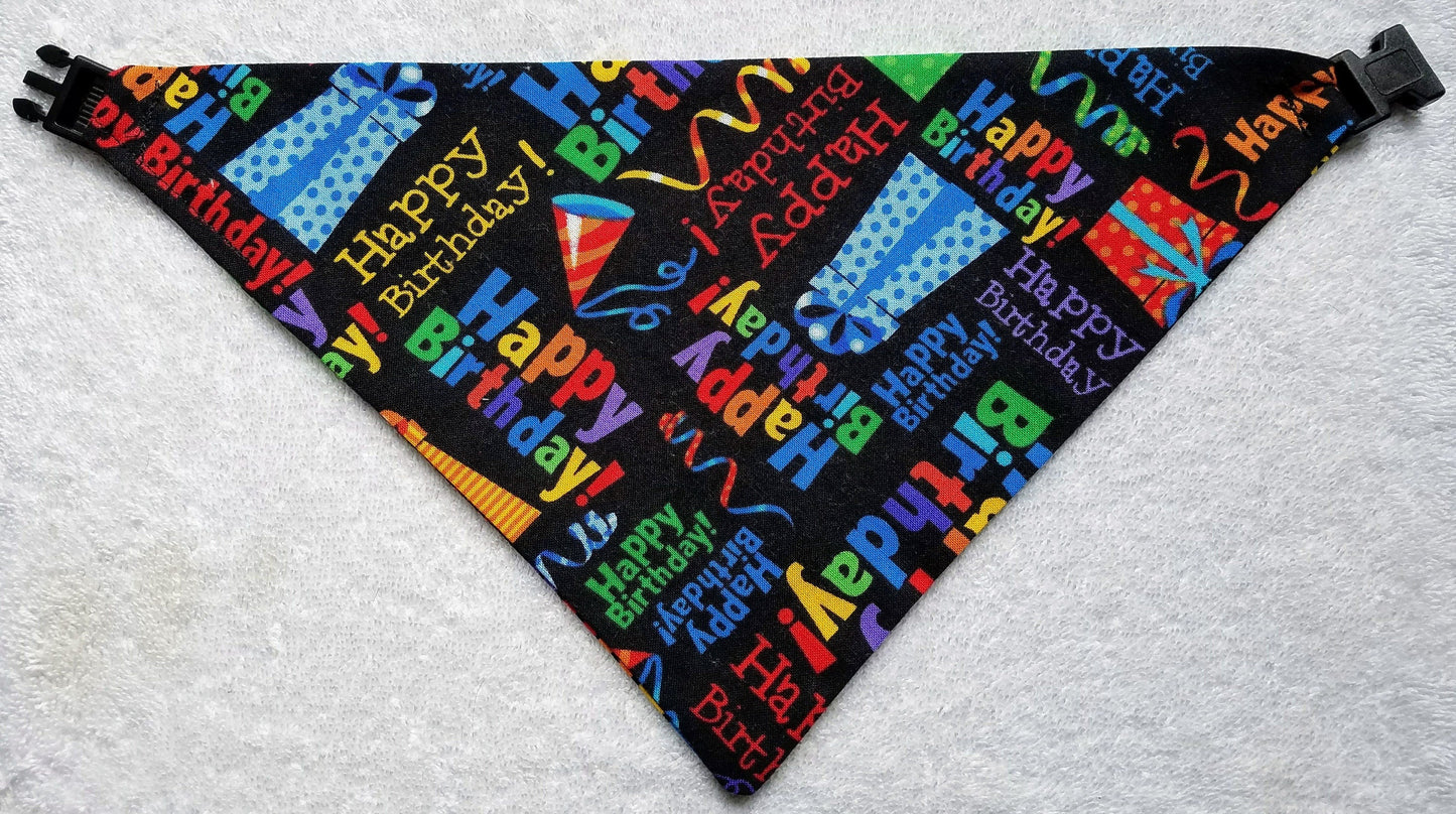 Clip on Dog Bandana With Buckle Pet Cat Bandanna Scarf Black Happy Birthday Handmade